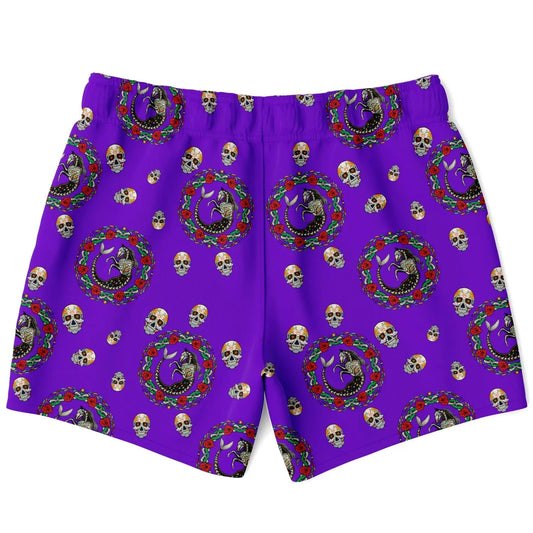 Purple men's swim shorts by Maris Equi featuring a Day of the Dead skull and floral pattern elastic waistband.