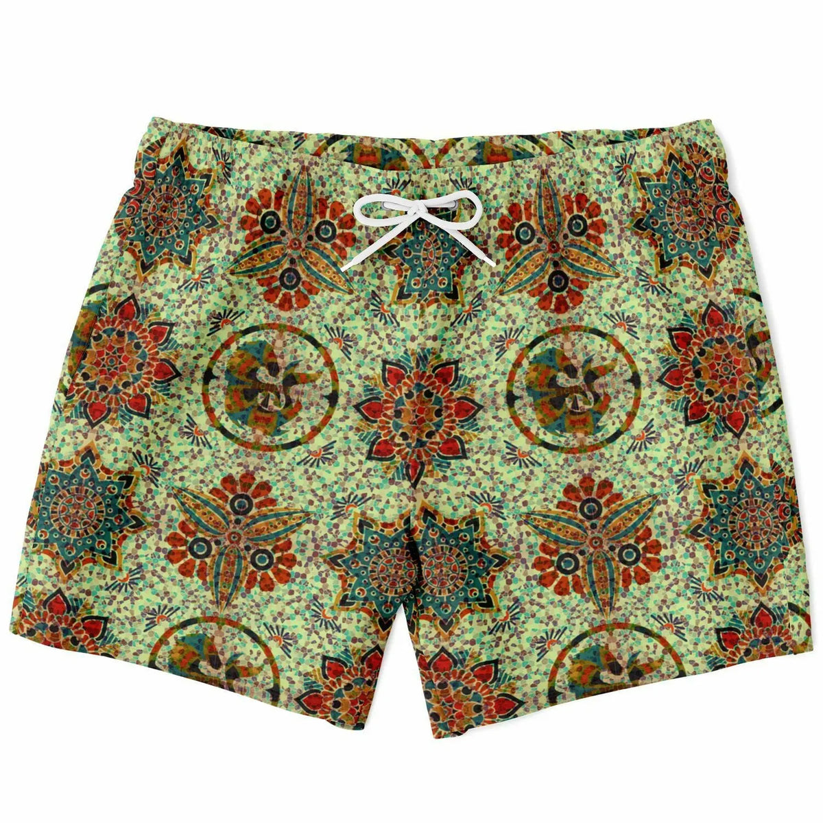 Colorful mosaic-patterned swim shorts by Maris Equi featuring a drawstring waistband and vibrant floral designs.