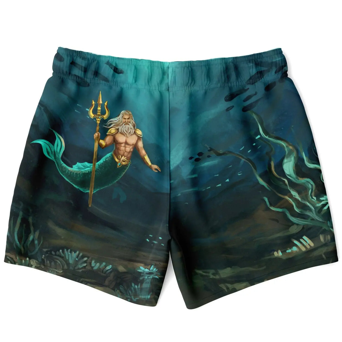 Men's swim shorts by Maris Equi featuring a vibrant underwater design with a merman and seaweed patterns.
