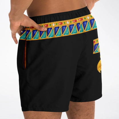 Men's black swim shorts by Maris Equi featuring a colorful bejeweled waistband and side pockets.