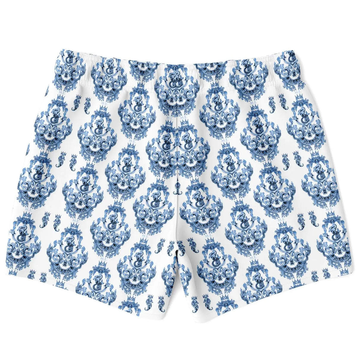 Men's swim shorts in white with blue baroque pattern featuring an elastic waistband by Maris Equi.