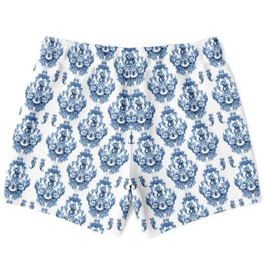 Men's swim shorts in white with blue baroque pattern featuring an elastic waistband by Maris Equi.