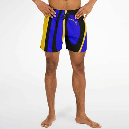 Men's swim shorts by Maris Equi in blue yellow and black with a surgeonfish print and adjustable drawstring waistband.