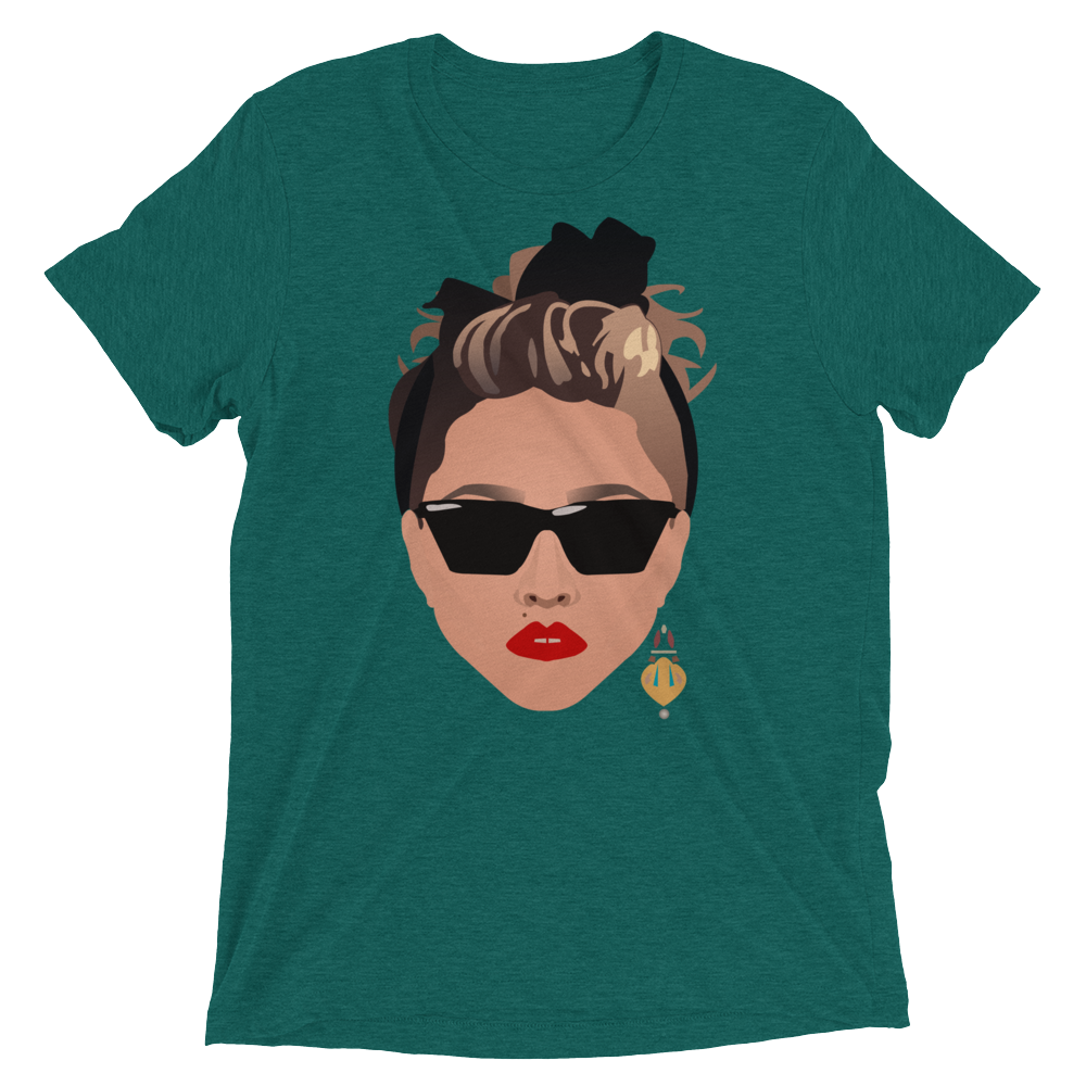 Teal heathered cotton t-shirt featuring an 80s glamour graphic of a woman with sunglasses red lips and a black bow