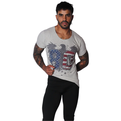 Light gray short-sleeve T-shirt with a distressed eagle graphic featuring a patriotic 80 design, scoop neckline.