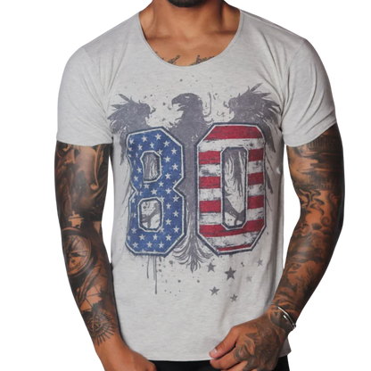 Light grey, scoop-neck t-shirt featuring a distressed eagle graphic with a US flag-themed "80" print.