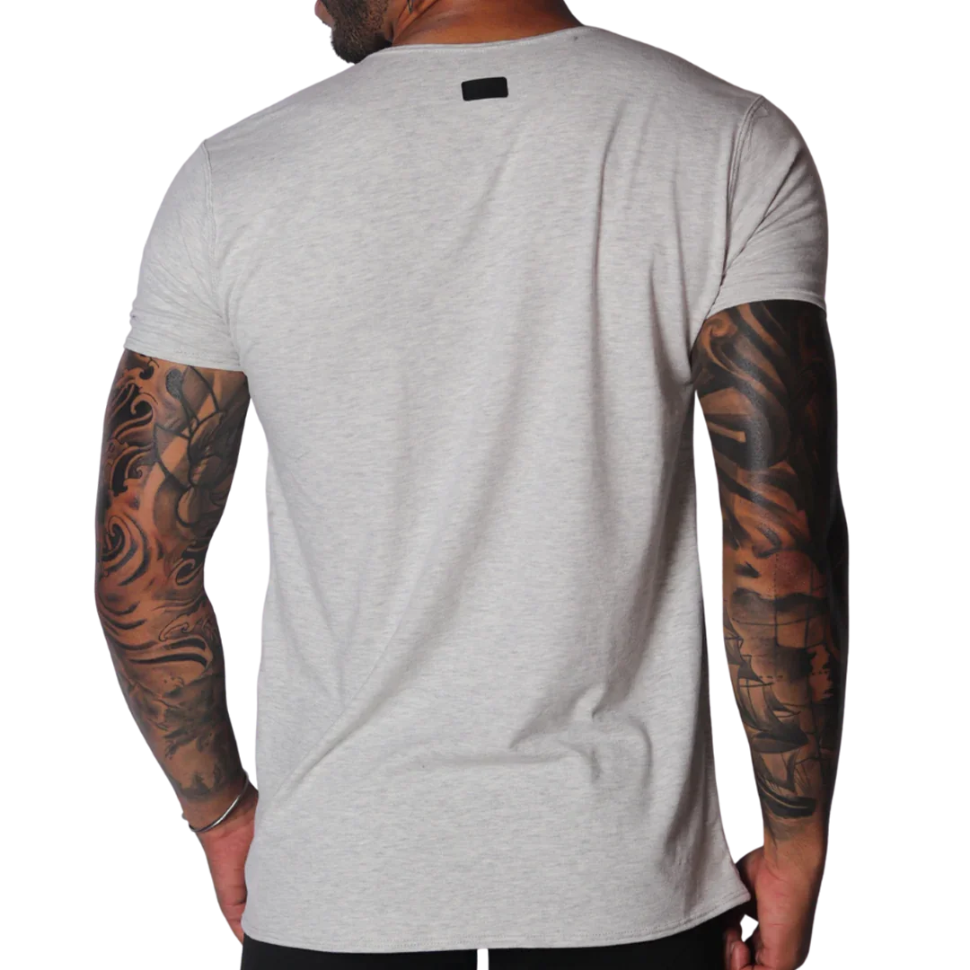Light gray marled short-sleeve crew neck t-shirt with a small black brand tab on the back of the neck.
