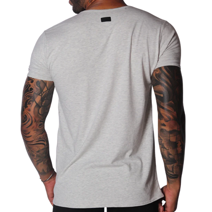 Light gray marled short-sleeve crew neck t-shirt with a small black brand tab on the back of the neck.