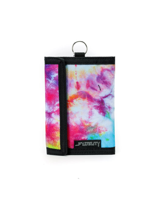 Vibrant tie-dye 80s velcro wallet with tri-fold design black trim and metal ring for secure storage