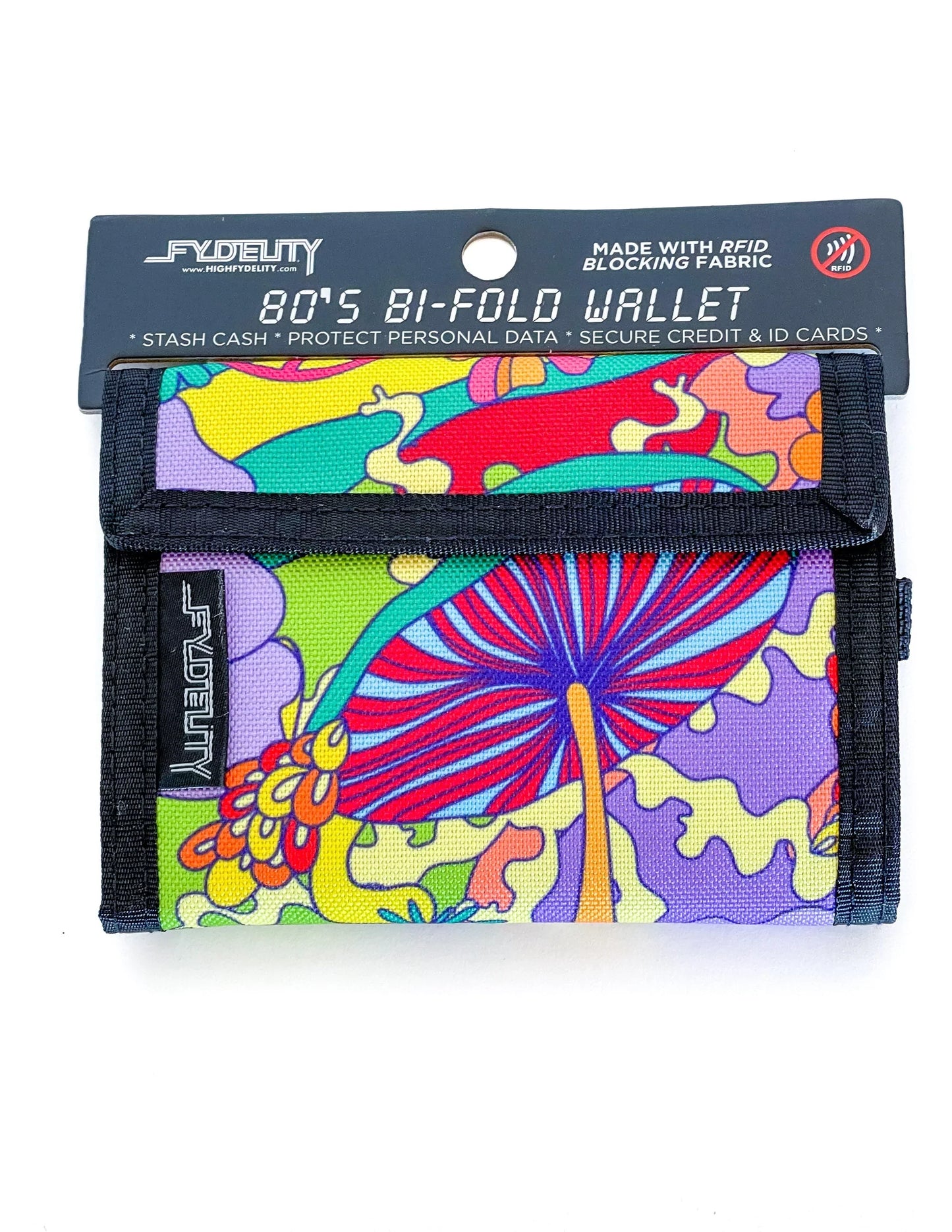 Vibrant 80s bi-fold velcro wallet with psychedelic mushroom floral patterns in rainbow hues and black fabric trim