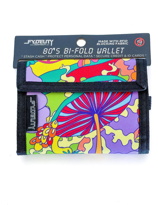 Vibrant 80s bi-fold velcro wallet with psychedelic mushroom floral patterns in rainbow hues and black fabric trim