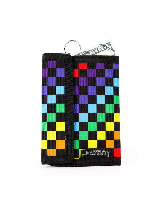A vibrant rainbow-colored checkered 80s velcro wallet with black border and metal ring for secure closure