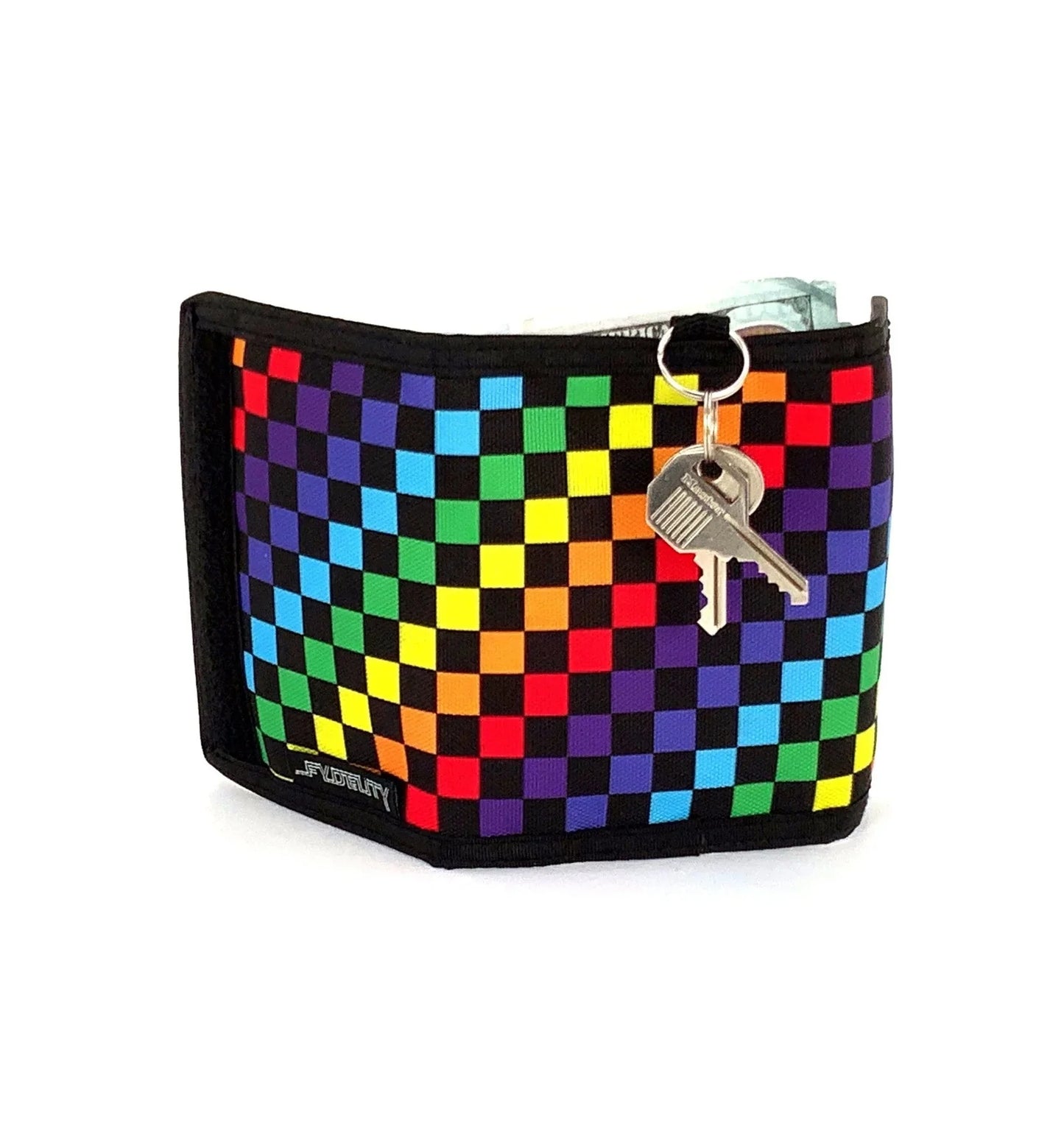 Rainbow checkered 80s velcro wallet with black trim and attached keychain for secure everyday carry