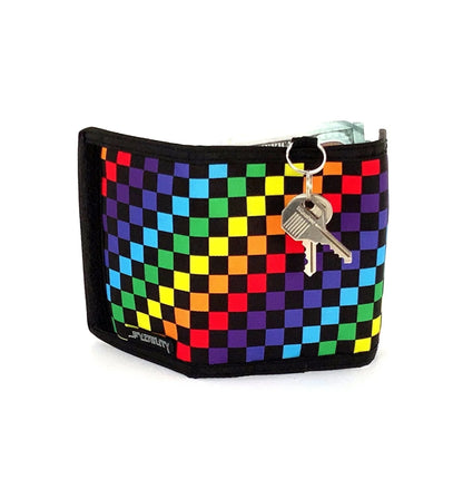 Rainbow checkered 80s velcro wallet with black trim and attached keychain for secure everyday carry