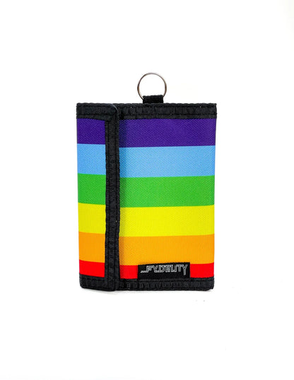80s velcro wallet with rainbow stripes black trim and metal ring for secure closure and easy carrying