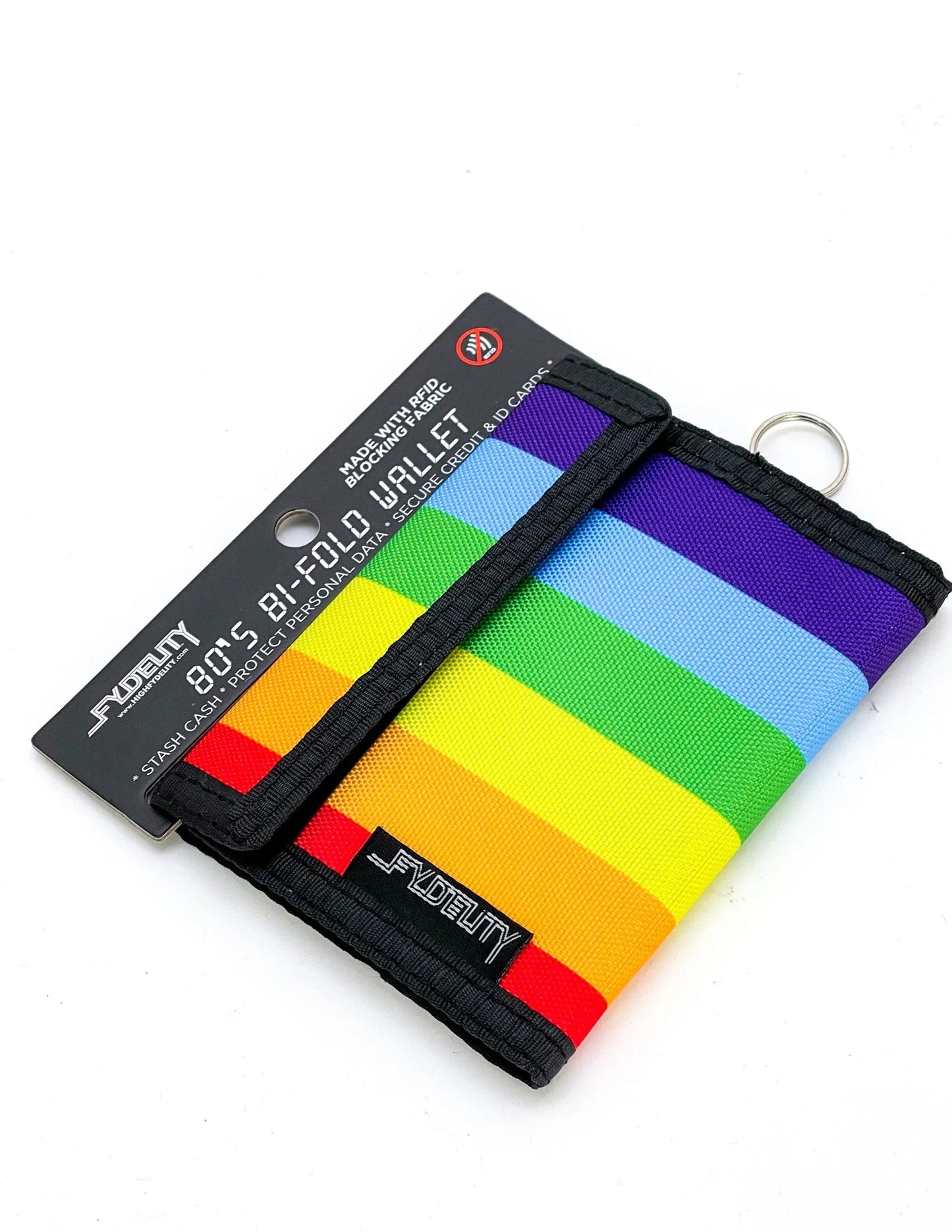 Rainbow-striped 80s veclro bi-fold wallet with black trim and key ring by fydeuty