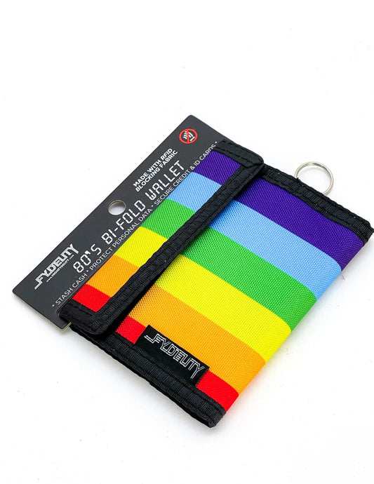 Rainbow-striped 80s veclro bi-fold wallet with black trim and key ring by fydeuty