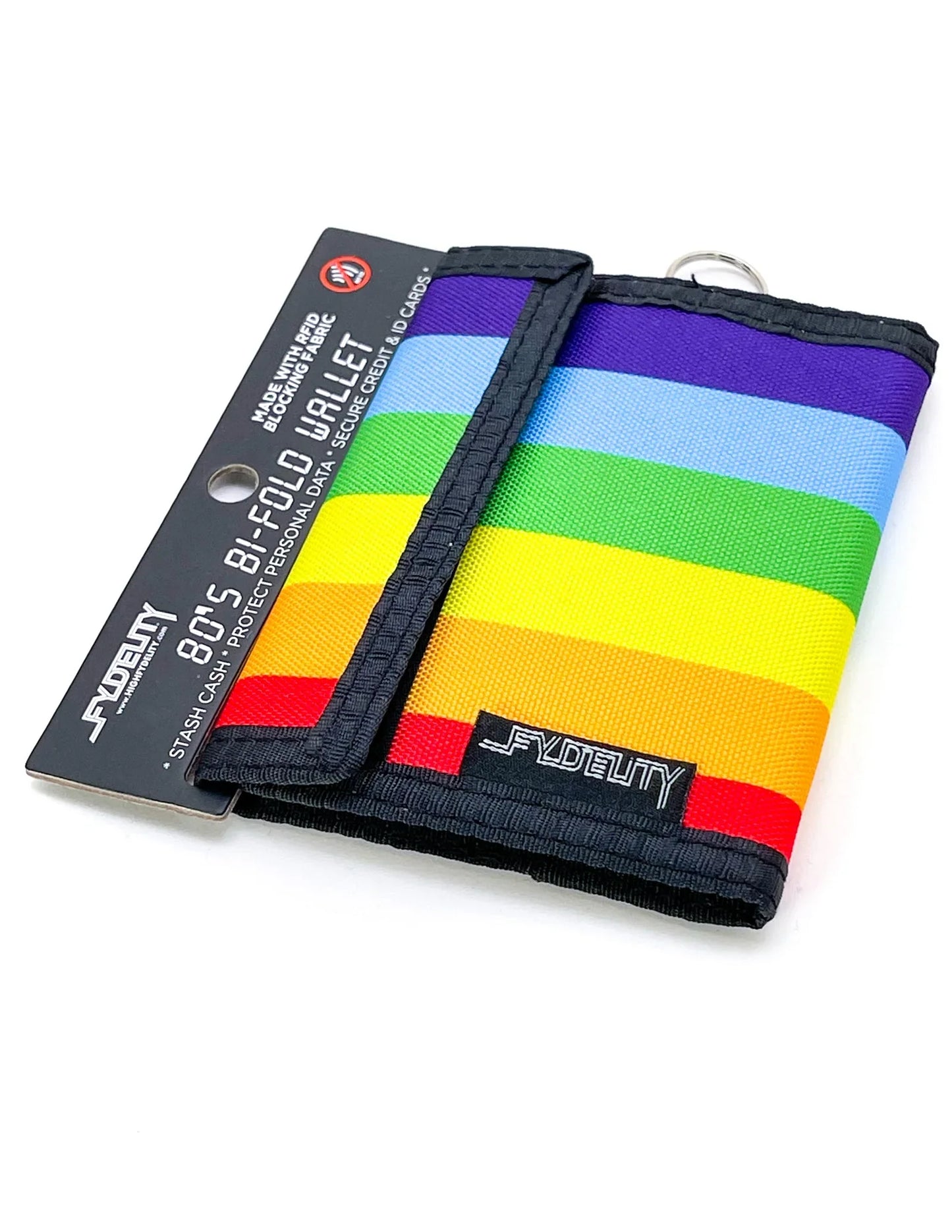 Rainbow-striped 80s veclro bi-fold wallet with black trim key ring branded fydelity in durable fabric material