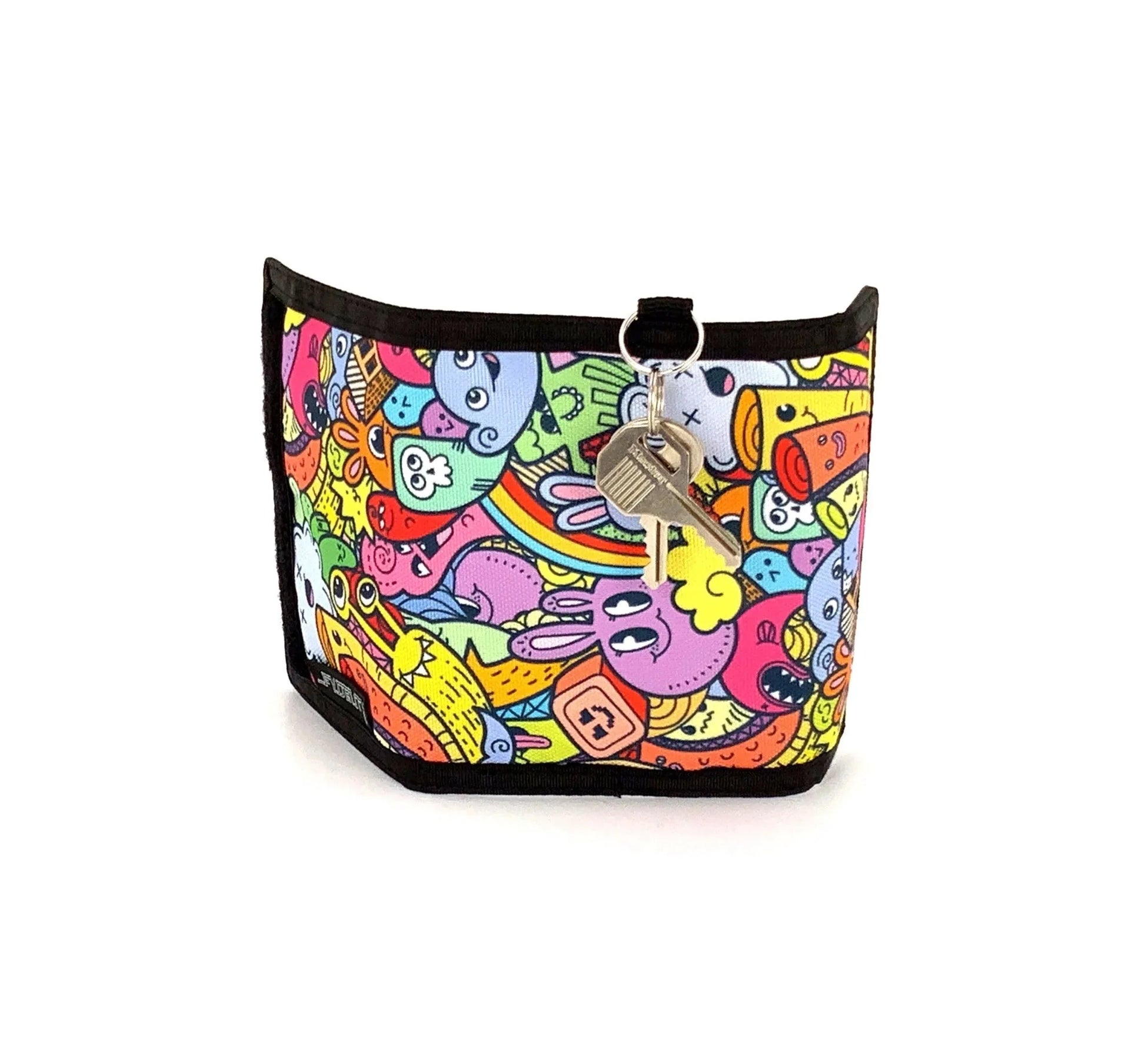 A colorful cartoon-patterned neoprene 80s velcro wallet key holder with black trim and a silver metal ring