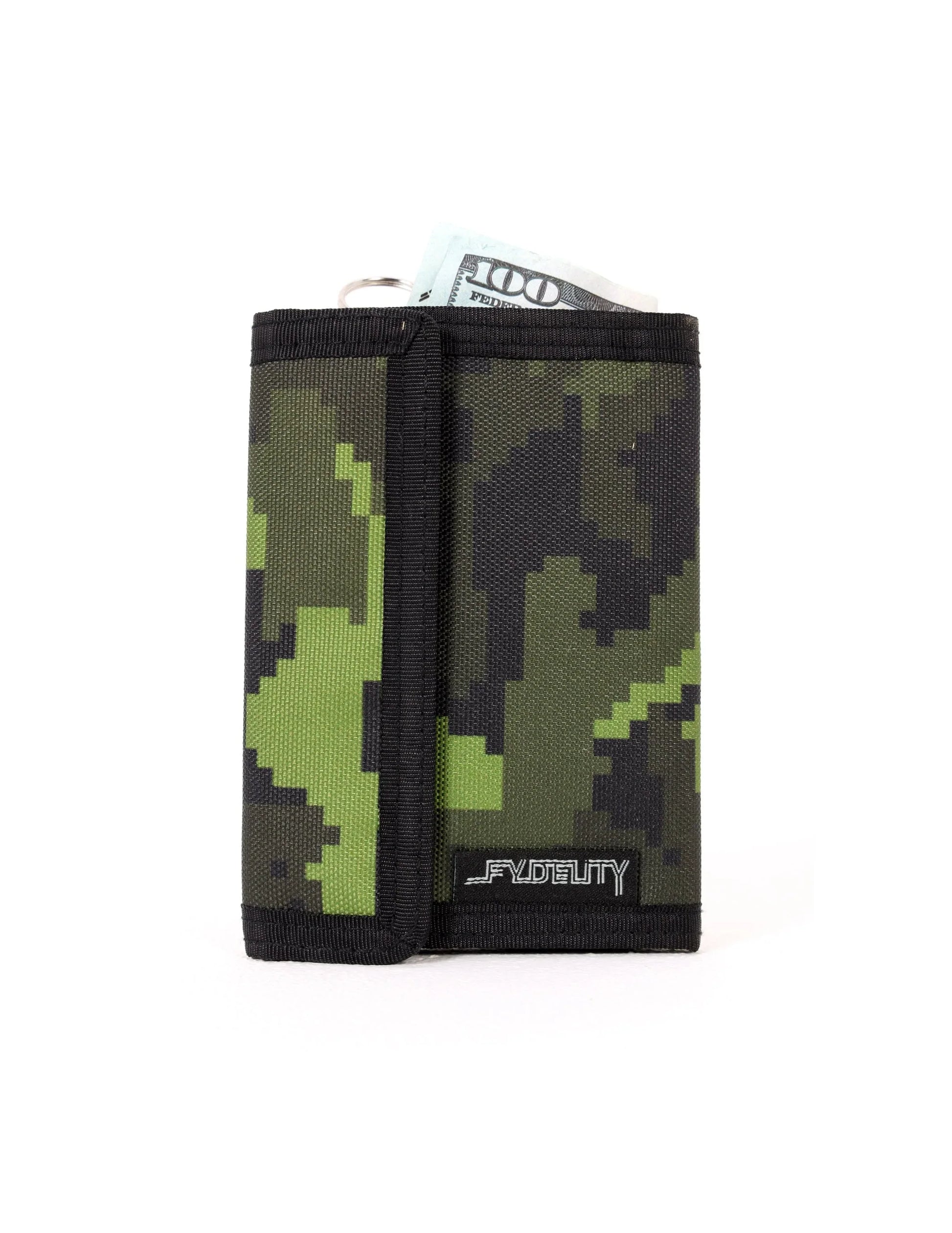 A compact 80s velcro tri-fold wallet with pixelated green and black camouflage and black fabric trim