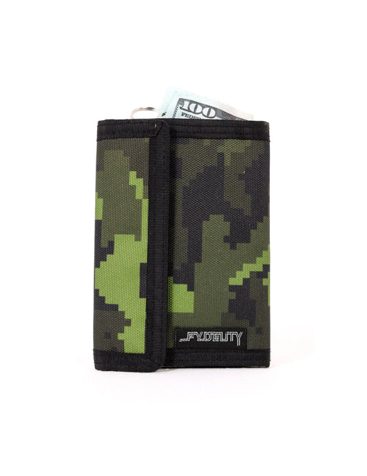 A compact 80s velcro tri-fold wallet with pixelated green and black camouflage and black fabric trim