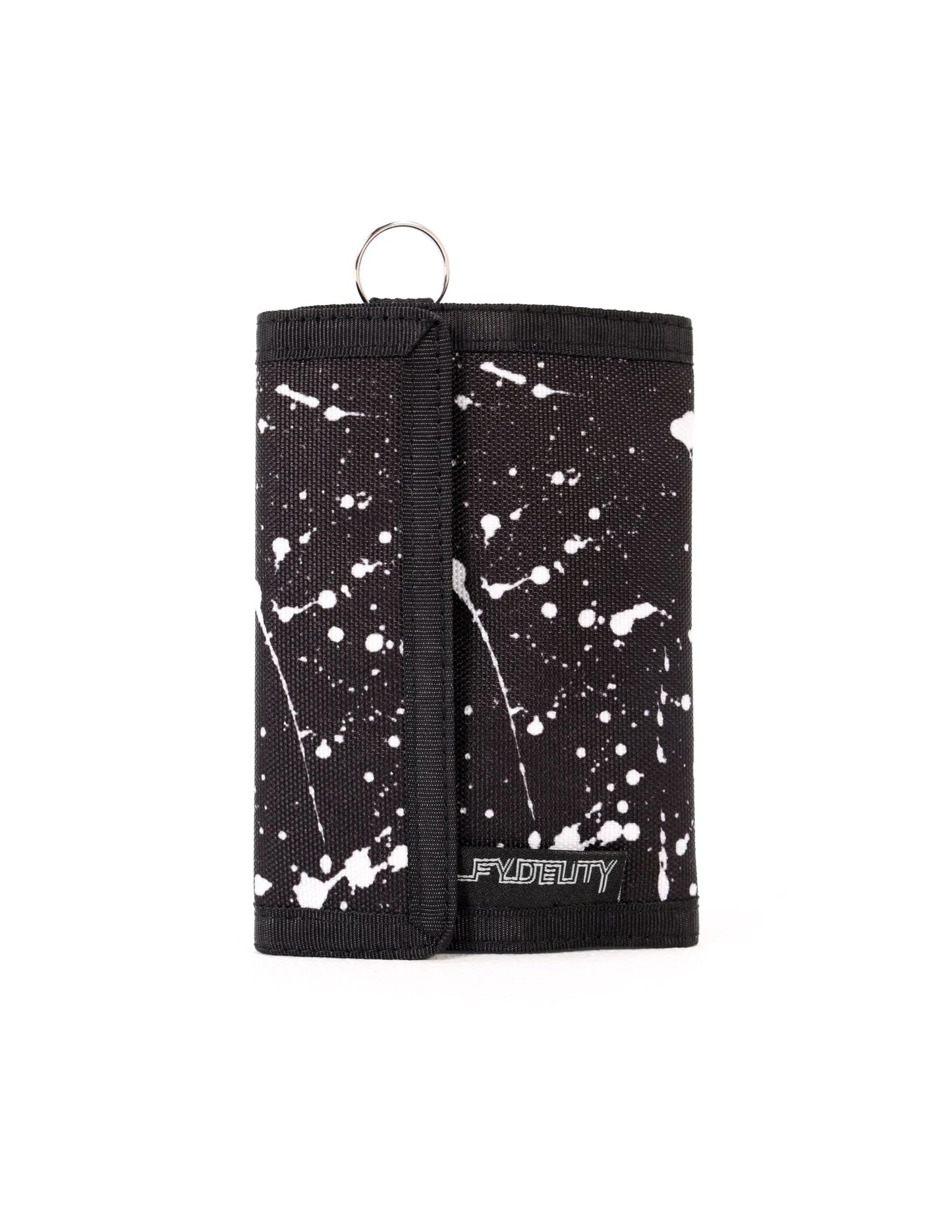 Black tri-fold 80s veclro wallet with white paint splatter pattern and silver metal ring at the top