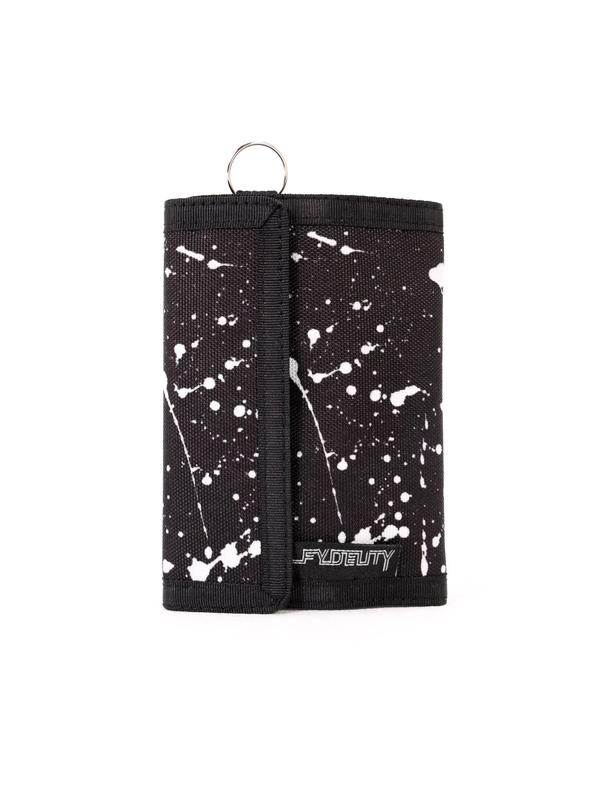 Black tri-fold 80s veclro wallet with white paint splatter pattern and silver metal ring at the top