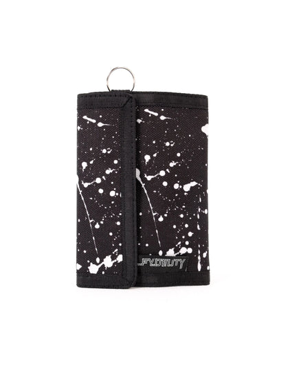 Black tri-fold 80s veclro wallet with white paint splatter pattern and silver metal ring at the top