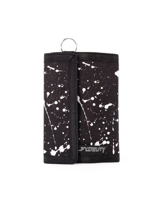 Black tri-fold 80s veclro wallet with white paint splatter pattern and silver metal ring at the top