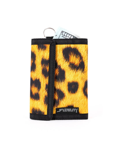 Yellow and black leopard-print 80s velcro tri-fold wallet with key ring attachment for secure carrying
