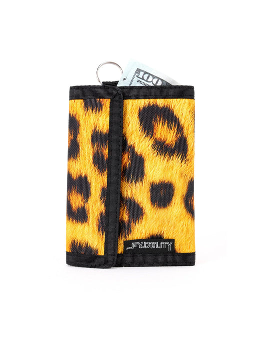 Yellow and black leopard-print 80s velcro tri-fold wallet with key ring attachment for secure carrying