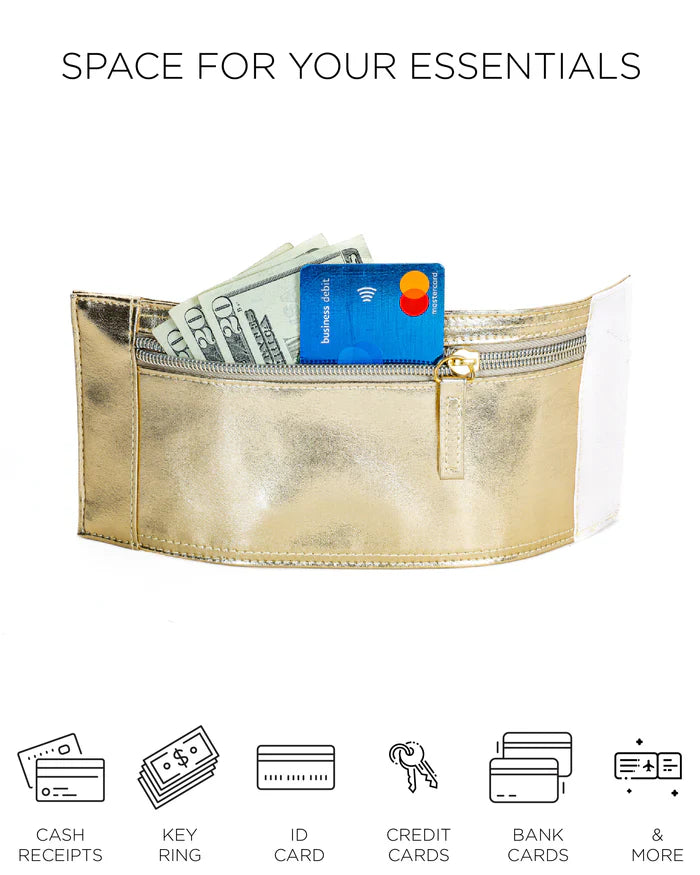 Gold metallic 80s wrist wallet with zipper closure and white fabric trim compact and stylish accessory