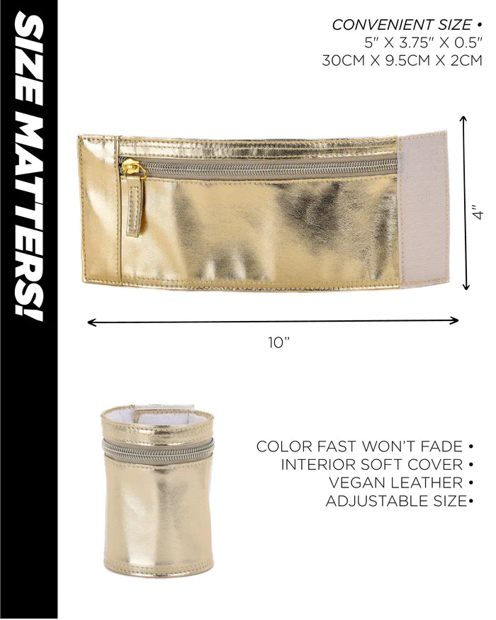 A sleek metallic gold vegan leather 80s wrist wallet belt pouch with zipper closure and adjustable size