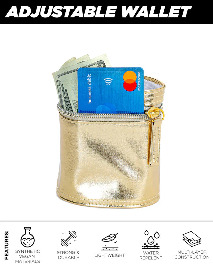 A shiny gold 80s wrist wallet made of durable synthetic vegan material with an adjustable zipper closure