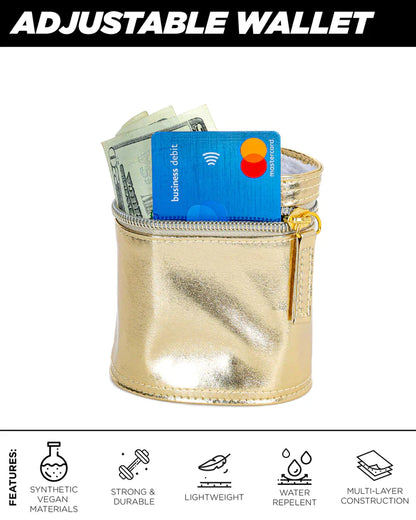 A shiny gold 80s wrist wallet made of durable synthetic vegan material with an adjustable zipper closure