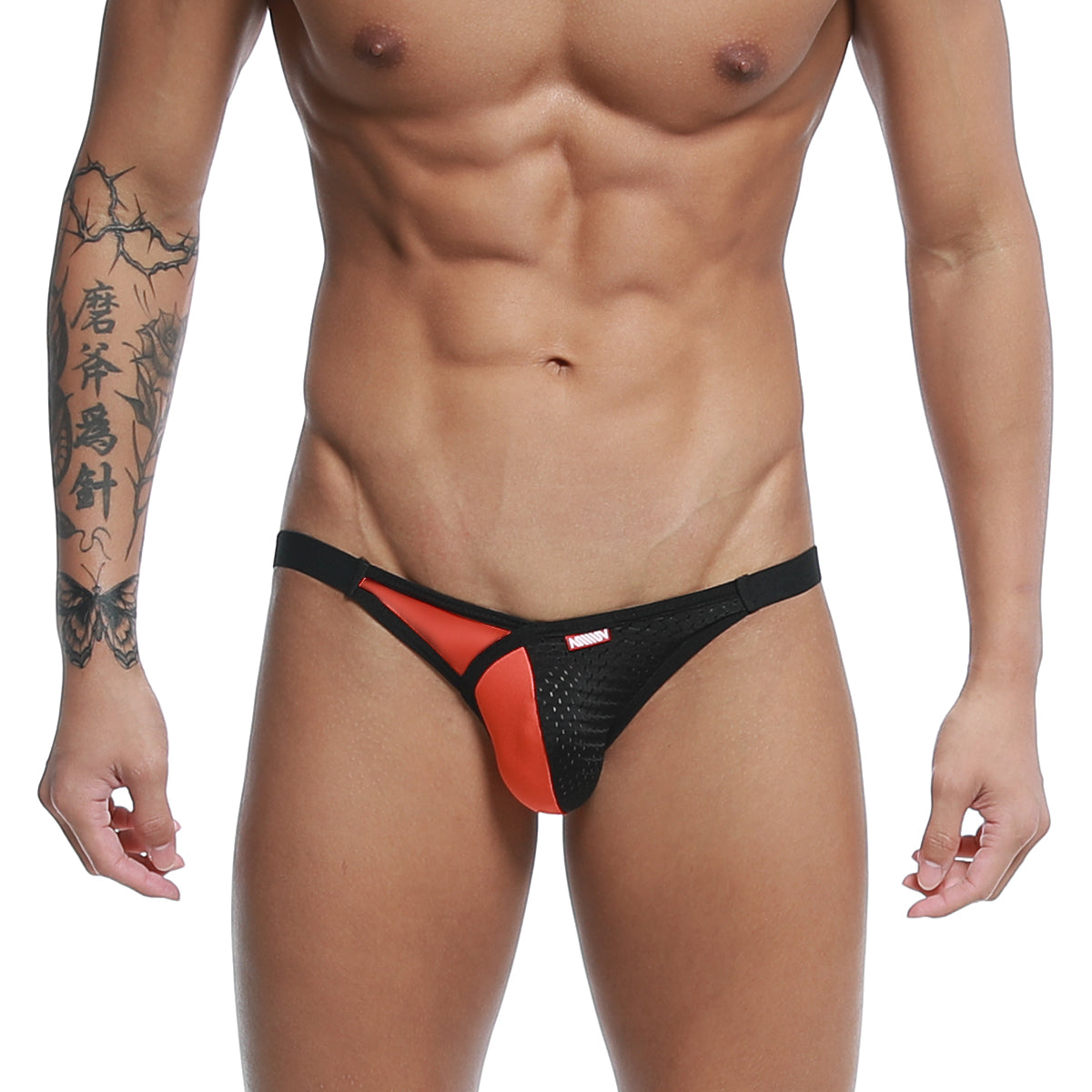 MetroMaleWear Dangerous jock strap orange 8001-24 black and orange mesh thong with red logo on waistband front view