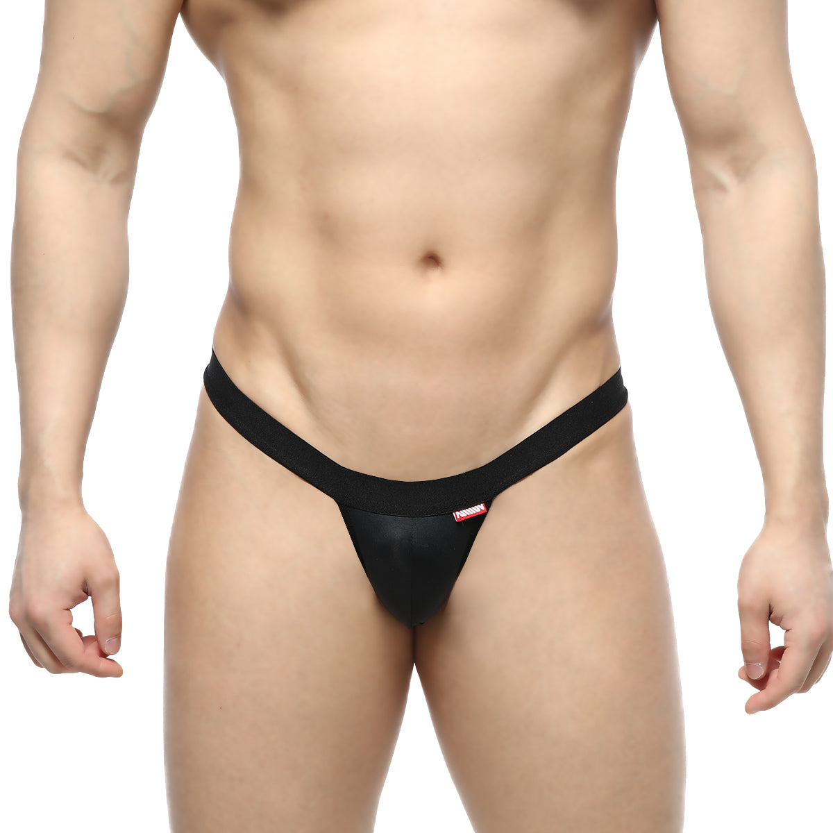 Black thong with smooth form-fitting design and small red logo on waistband shown from the back by MetroMaleWear