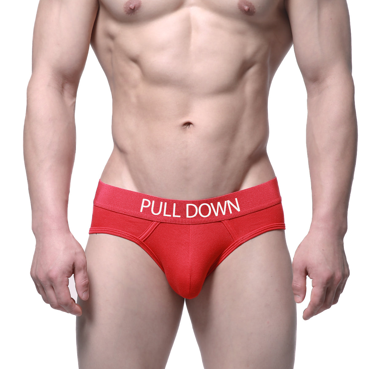 MetroMaleWear pull down hip brief in red with white lettering on waistband designed for comfortable support