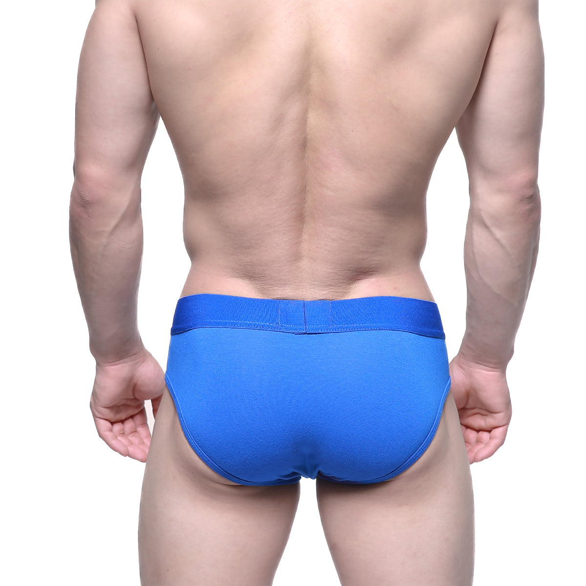 Bright blue form-fitting briefs with a smooth elastic waistband from MetroMaleWear pull down hip brief royal blue 8003-18