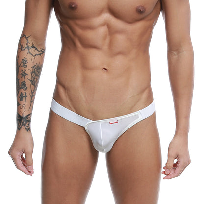 White men’s thong jock strap by MetroMaleWear with a small red brand tag on the waistband in white