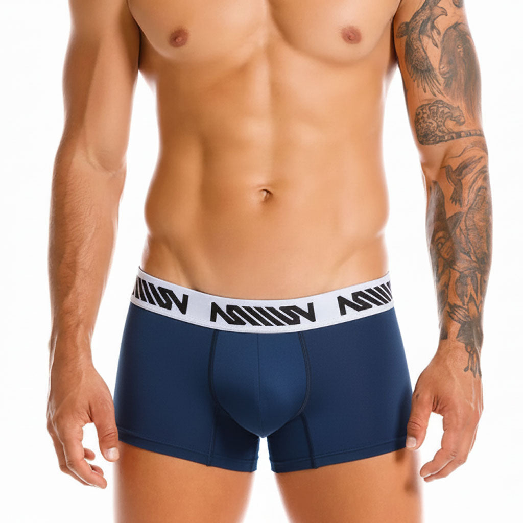 Navy blue metro male wear core short boxer briefs with white elastic waistband and black geometric branding