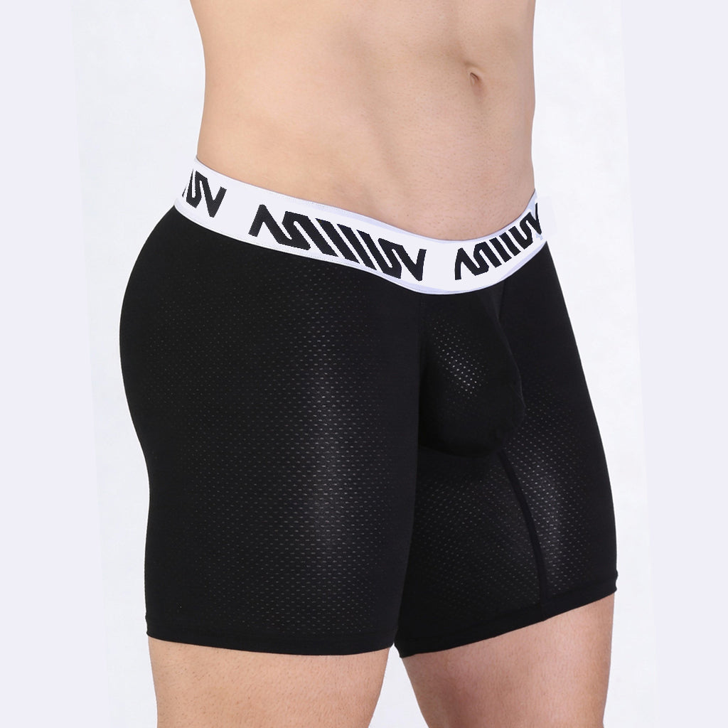 MetroMaleWear Max mid cut boxer brief in black mesh with white elastic waistband and black lettering