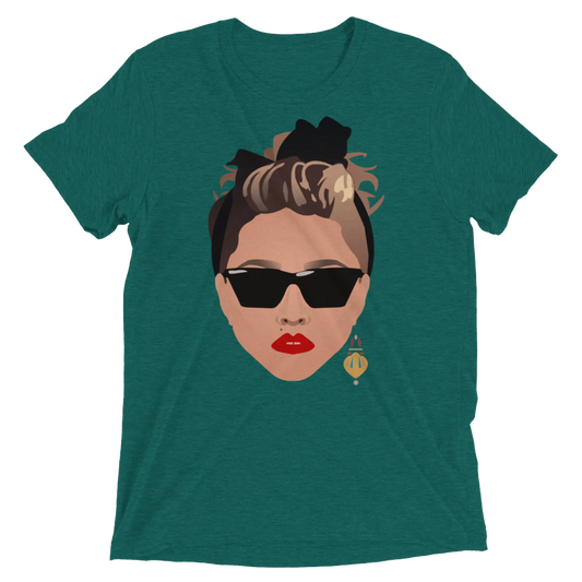 Teal heathered cotton t-shirt featuring an 80s glamour graphic of a woman with sunglasses red lips and a black bow