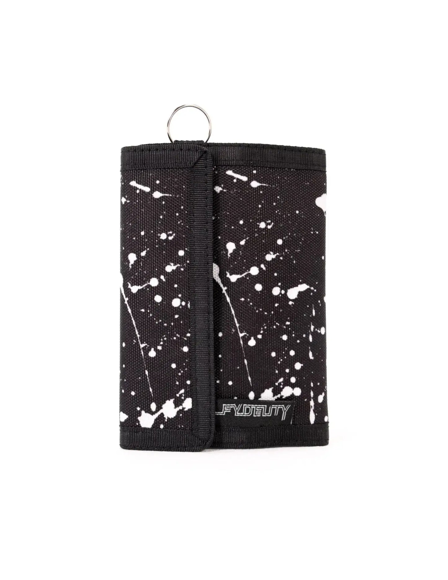 Black tri-fold 80s veclro wallet with white paint splatter pattern and silver metal ring at the top