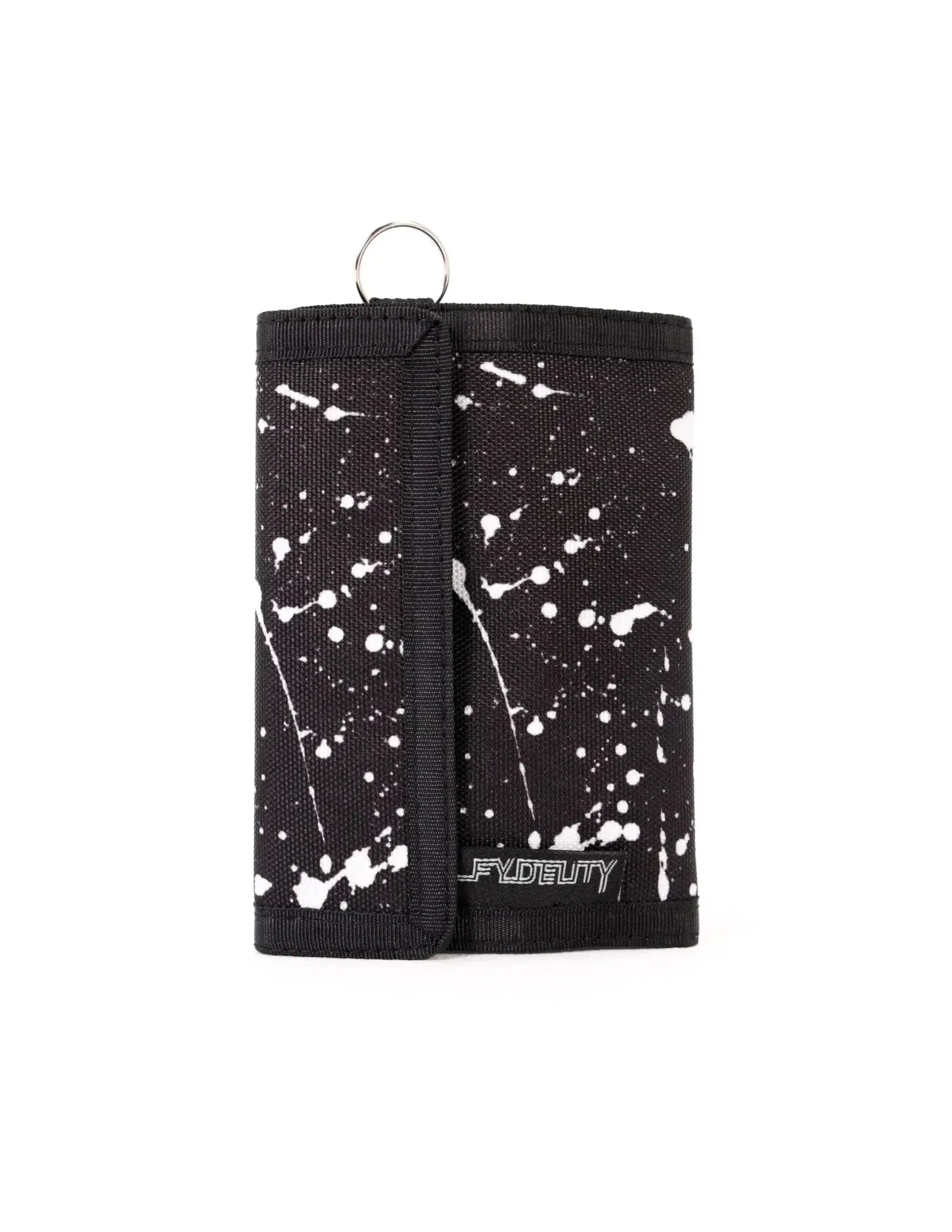 Black tri-fold 80s veclro wallet with white paint splatter pattern and silver metal ring at the top