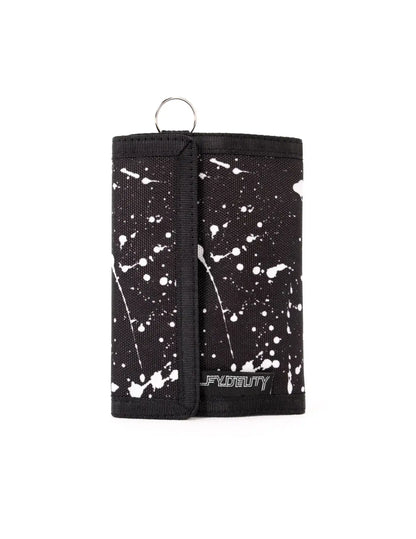 Black tri-fold 80s veclro wallet with white paint splatter pattern and silver metal ring at the top