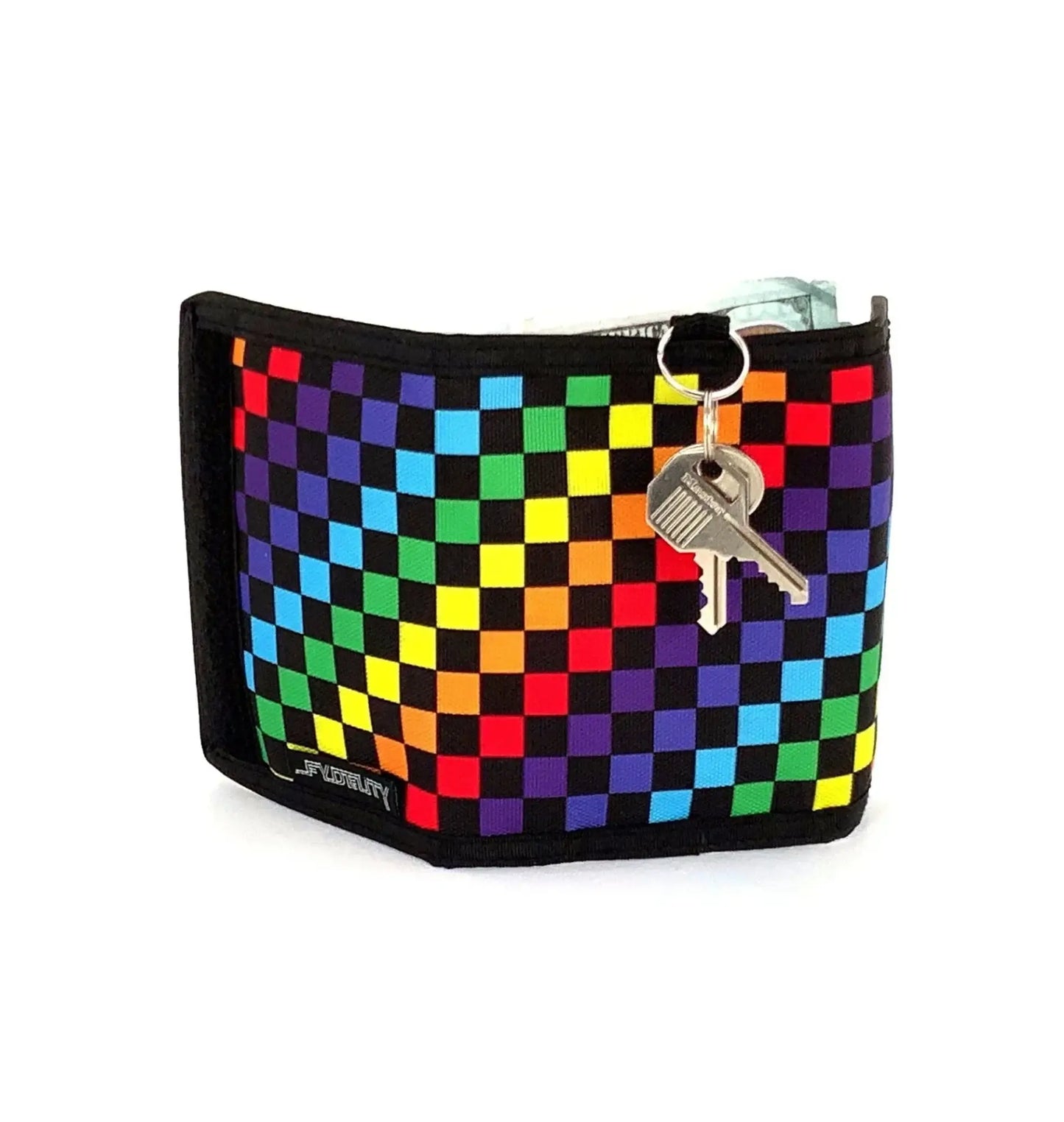 Rainbow checkered 80s velcro wallet with black trim and attached keychain for secure everyday carry