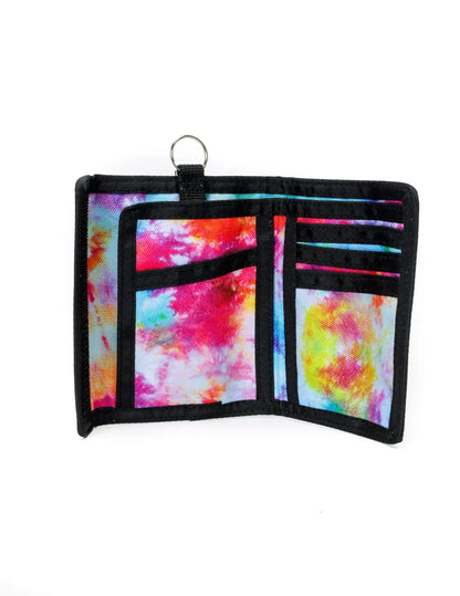 A vibrant tie-dye 80s velcro wallet with black trim and metal ring at the top for secure closure and easy carrying
