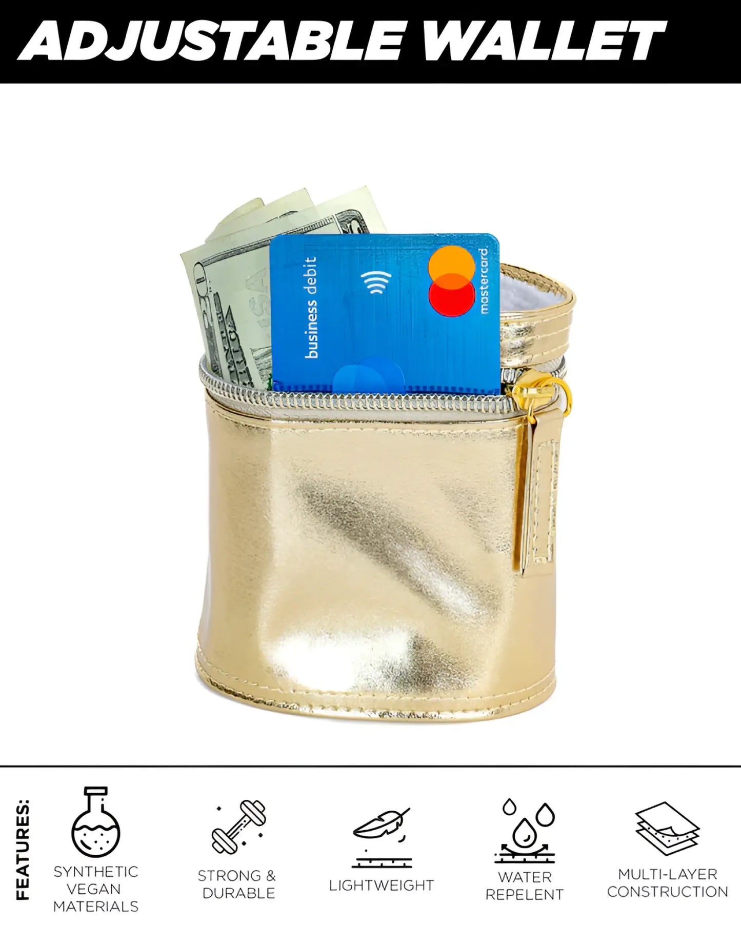 A shiny gold 80s wrist wallet made of durable synthetic vegan material with an adjustable zipper closure