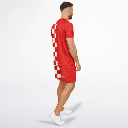 Red shorts and matching top set with checkered pattern on the back made of lightweight fabric by Maris Equi.